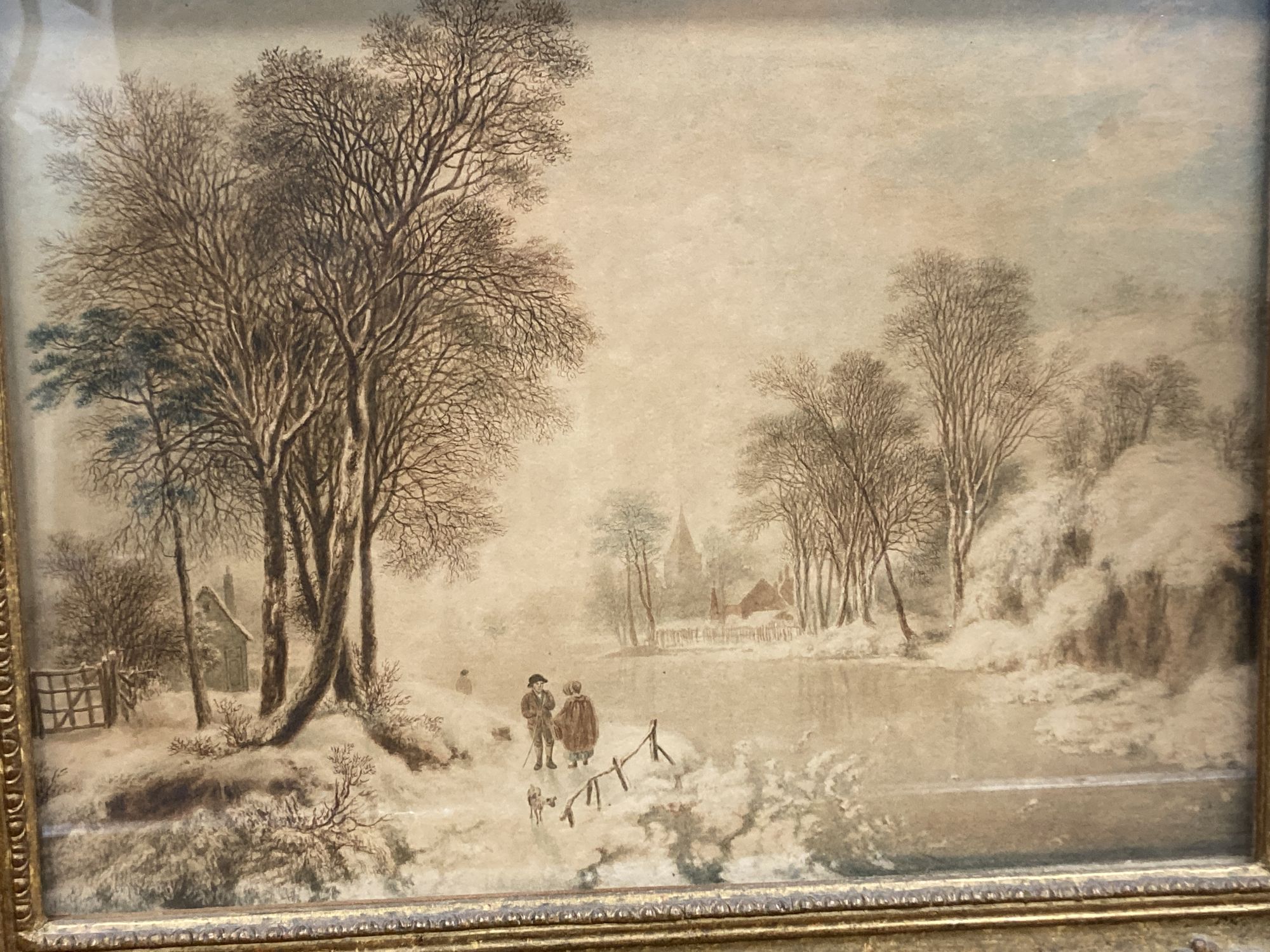 Victorian School, watercolour, River landscape under snow, 29 x 40cm and another watercolour of a Gleaner on a mountainside, 17 x 25cm